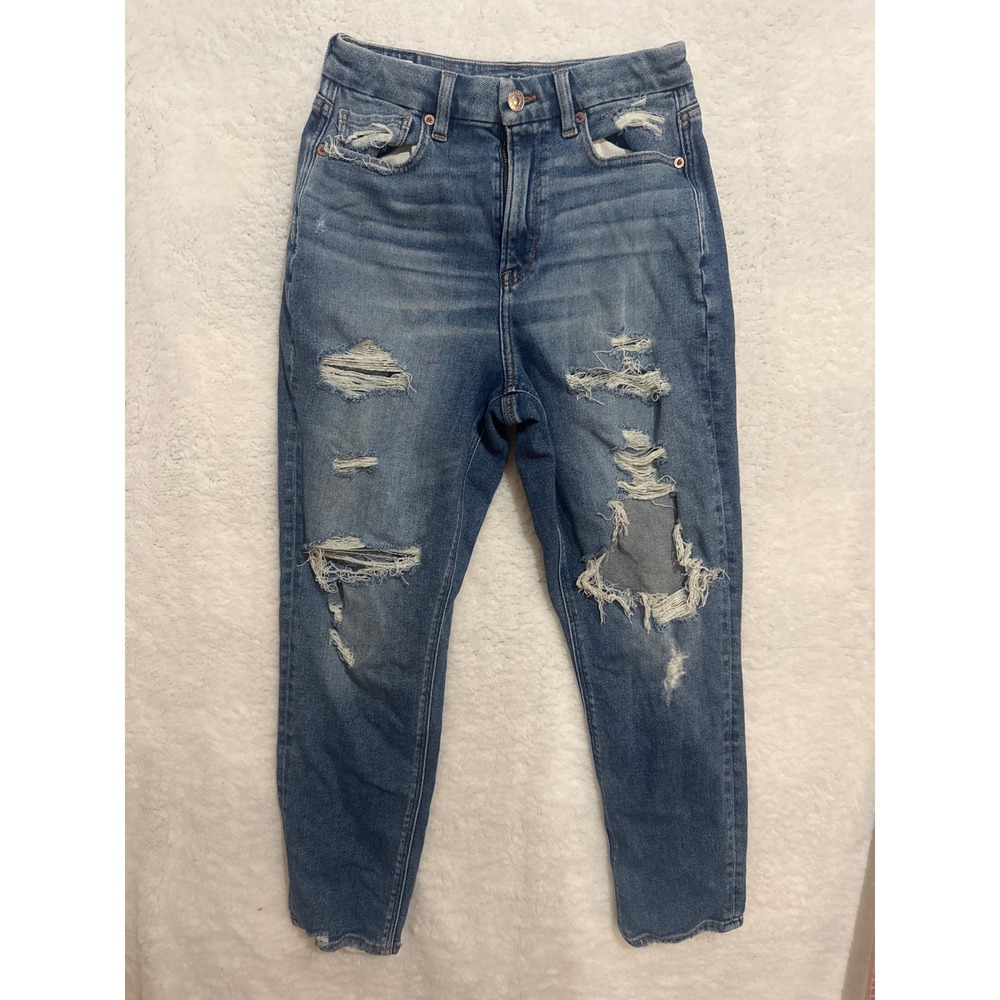 American Eagle Mom Jeans Women's Stretch 4 Regular Wash Ripped Distressed‎ Denim